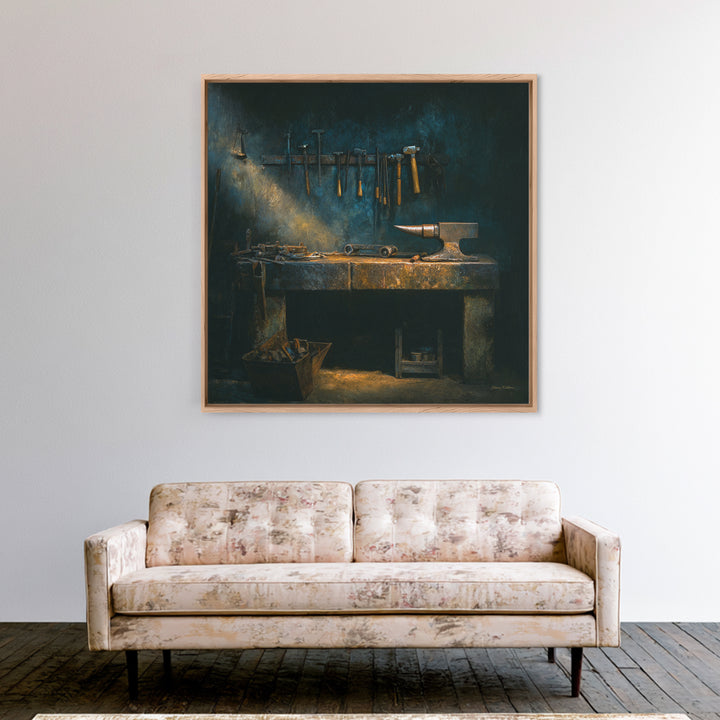 Blacksmith Tools on Dark Workbench Canvas Print, Industrial Art, Textured Painting, Living Room Decor, Oil Painting, Foundry, IND-1x1-82