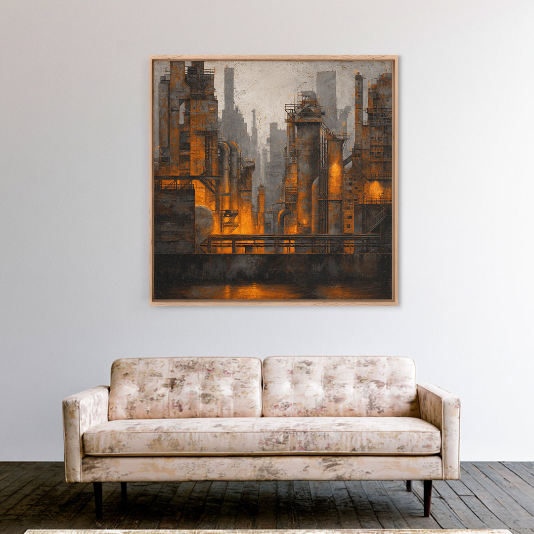 Industrial City Skyline Framed Canvas Print, Industrial Art, Bauhaus Poster, Living Room Decor, Fine Art, Foundry, IND-1x1-84