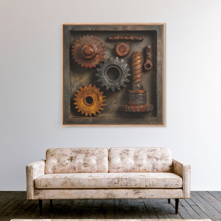Rusted Gears Arranged as Sculptural Still Life Canvas Print, Industrial Art, Abstract Art, Living Room Decor, Oil Painting, IND-1x1-97