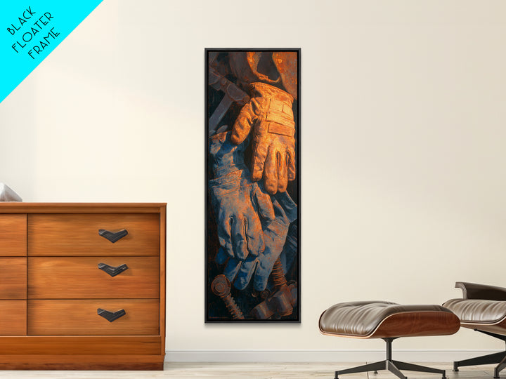 Worn Work Gloves and Bolts Arrangement Framed Canvas Print, Industrial Art, Fine Art Print, Living Room Decor, Oil Painting, IND-1x3-54