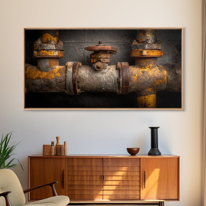 Metal Pipes and Valves as Graphic Composition Framed Canvas Print, Industrial Art, Living Room Art, Living Room Decor, Foundry, IND-2x1-100