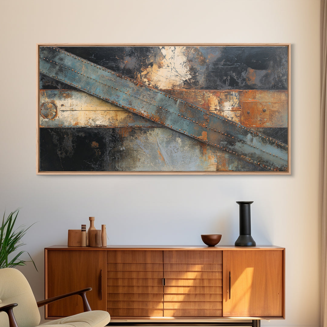 Steel Beams Crossing Like Abstract Lines Framed Canvas Print, Industrial Art, Wall Hanging, Living Room Decor, Abstract Art, IND-2x1-13