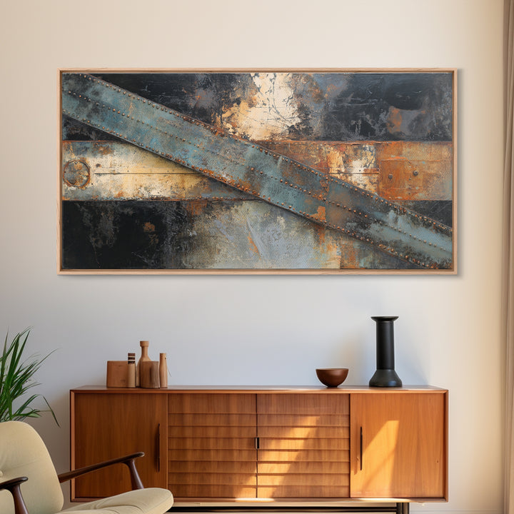 Steel Beams Crossing Like Abstract Lines Framed Canvas Print, Industrial Art, Wall Hanging, Living Room Decor, Abstract Art, IND-2x1-13