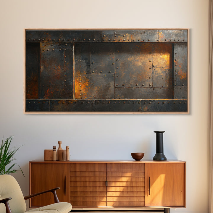 Riveted Metal Panel Texture Study Framed Canvas Print, Industrial Art, Wall Art, Living Room Decor, Fine Art, Foundry, IND-2x1-18