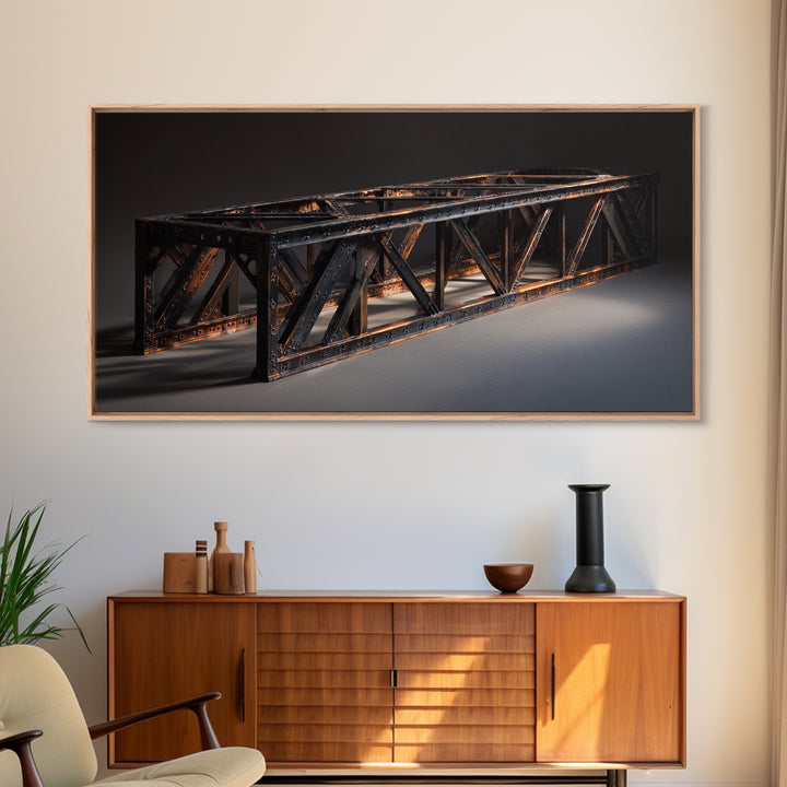 Steel Bridge Truss Framed Canvas Print, Industrial Art, Wall Hanging, Living Room Decor, Watercolor Art, Foundry, IND-2x1-23