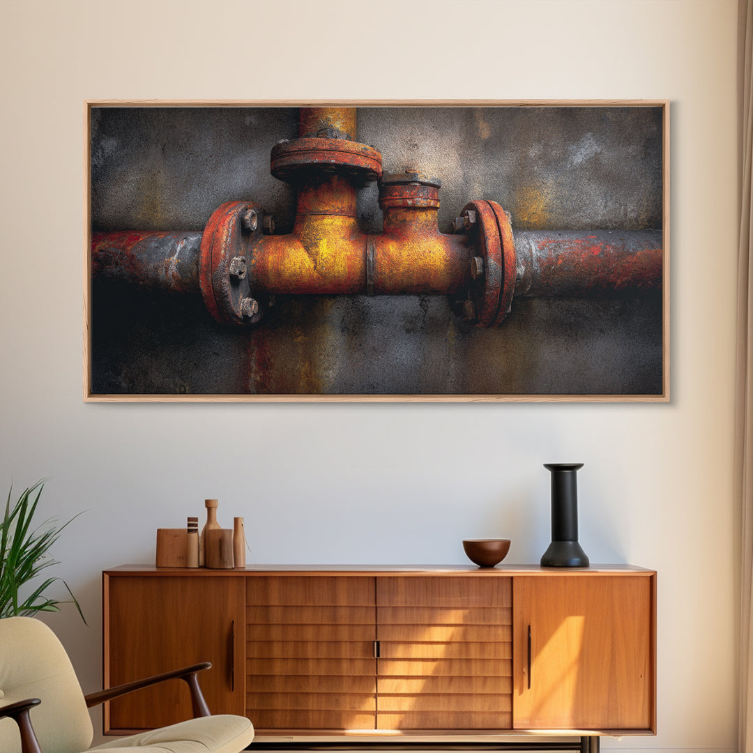 Metal Pipes and Valves as Graphic Composition Framed Canvas Print, Industrial Art, Wall Art, Living Room Decor, Foundry, IND-2x1-28