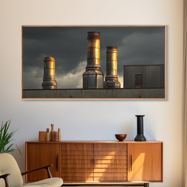 Factory Smokestacks with Moody Sky Canvas Print, Industrial Art, Abstract Art, Living Room Decor, Foundry, Bauhaus Poster, IND-2x1-31