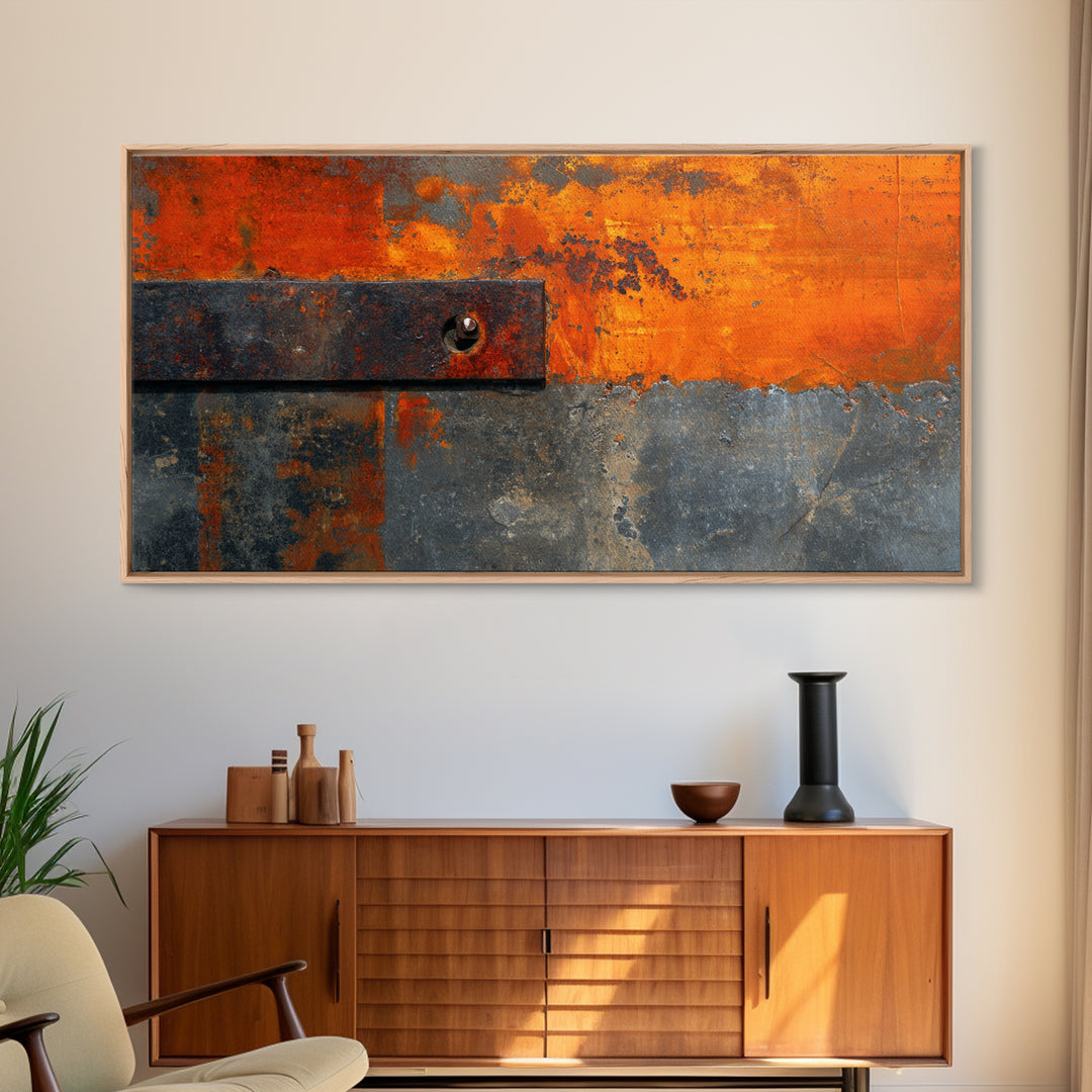 Rust Orange and Charcoal Geometric Abstraction Framed Canvas Print, Industrial Art, Living Room Decor, Abstract Art, Foundry, IND-2x1-34