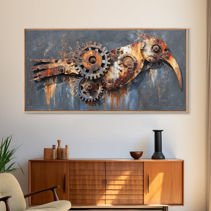 Mechanical Bird Made from Gears Canvas Print, Industrial Art, Original Painting, Living Room Decor, Oil Painting, Foundry, IND-2x1-39