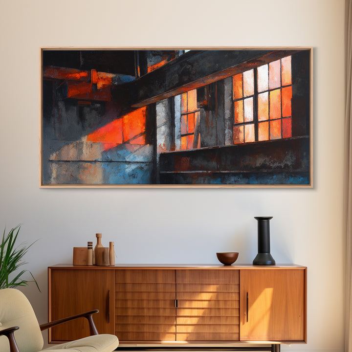 Old Factory Window Framed Canvas Print, Industrial Art, Art Prints, Living Room Decor, Fine Art, Foundry, Abstract Painting, IND-2x1-46