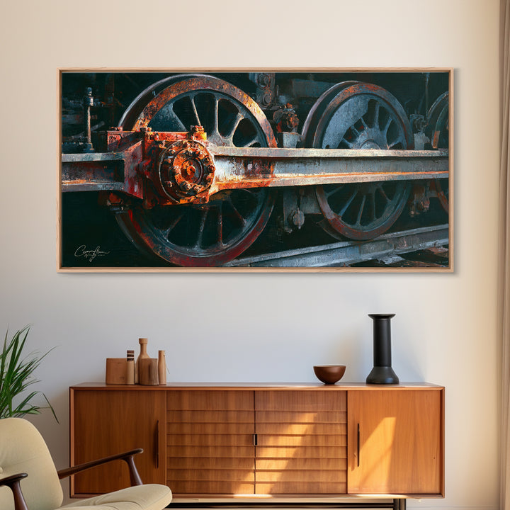 Steam Locomotive Wheel Closeup Framed Canvas Print, Industrial Art, Art Print, Living Room Decor, Fine Art, Foundry, Modern Art, IND-2x1-50