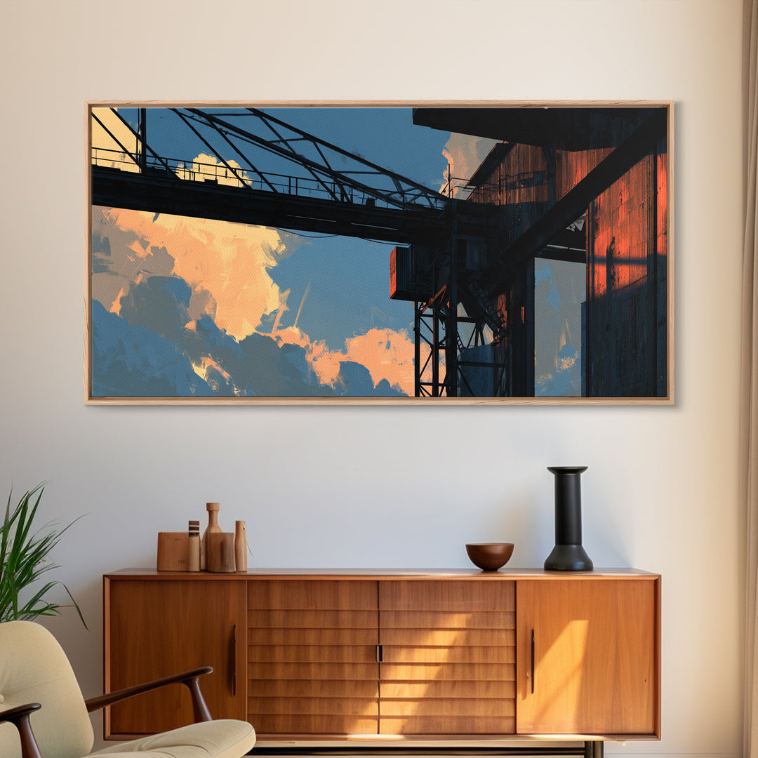 Warehouse Crane Silhouette Framed Canvas Print, Industrial Art, Metal Art, Living Room Decor, Watercolor Art, Foundry, IND-2x1-51