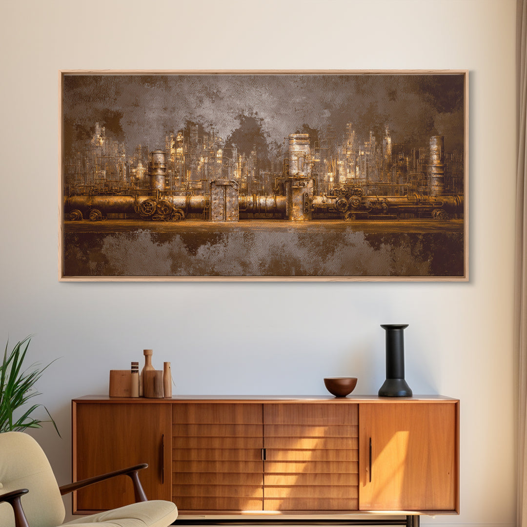 Industrial City Skyline Framed Canvas Print, Industrial Art, Living Room Decor, Abstract Art, Foundry, Abstract Painting, IND-2x1-56