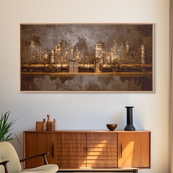 Industrial City Skyline Framed Canvas Print, Industrial Art, Living Room Decor, Abstract Art, Foundry, Abstract Painting, IND-2x1-56