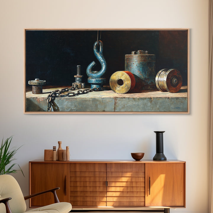 Chain and Hook Still Life Framed Canvas Print, Industrial Art, Art Print, Living Room Decor, Oil Painting, Foundry, Modern Art, IND-2x1-60