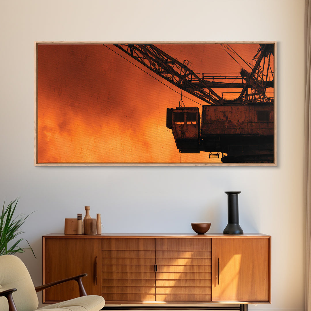 Warehouse Crane Silhouette Framed Canvas Print, Industrial Art, Minimalist Decor, Living Room Decor, Fine Art, Foundry, IND-2x1-75