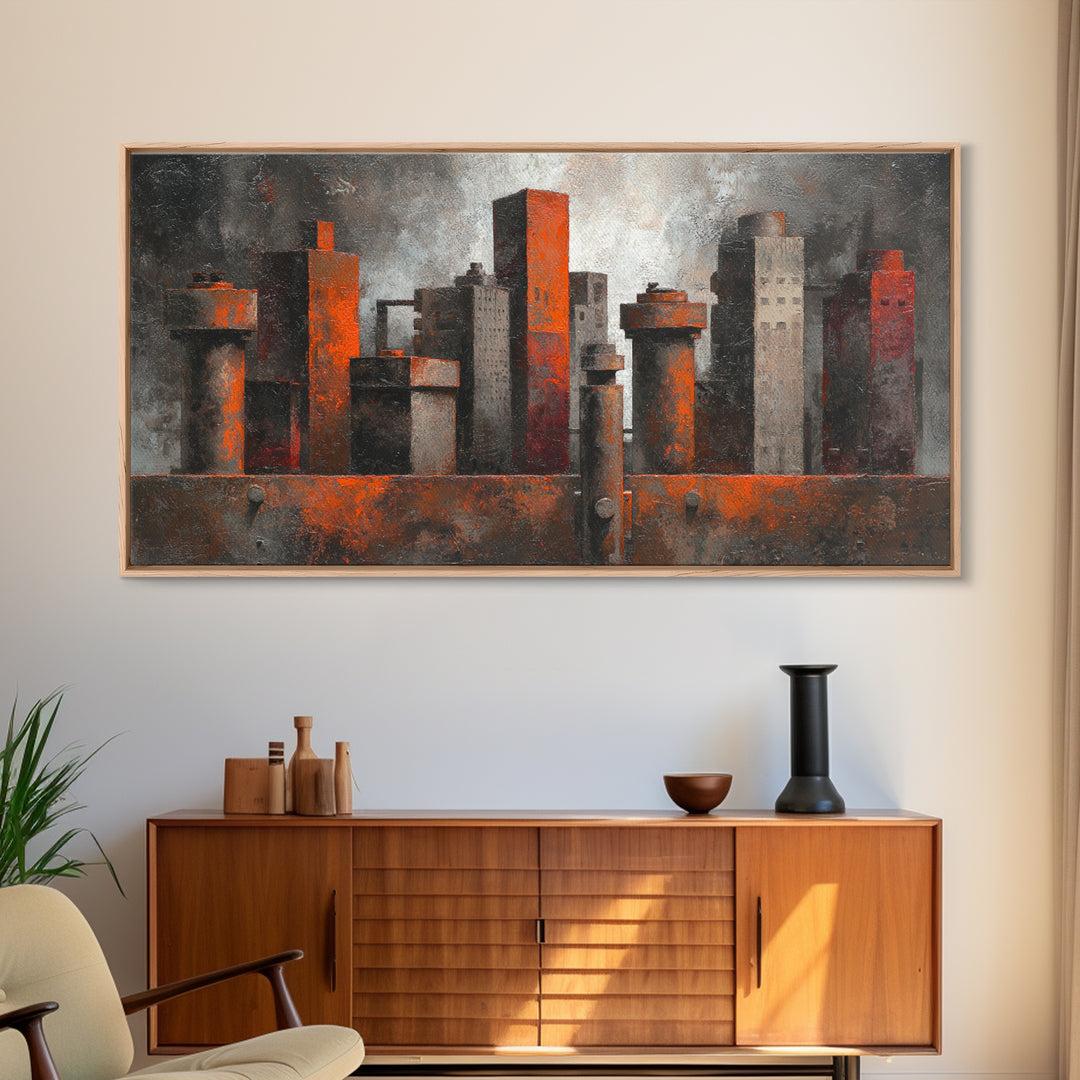 Industrial City Skyline Framed Canvas Print, Industrial Art, Luxury Decor, Living Room Decor, Abstract Art, Foundry, Art Print, IND-2x1-8