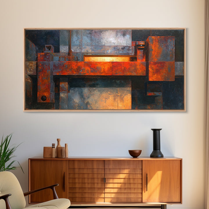 Rust Orange and Charcoal Geometric Abstraction Canvas Print, Industrial Art, Living Room Decor, Abstract Art, Foundry, IND-2x1-82