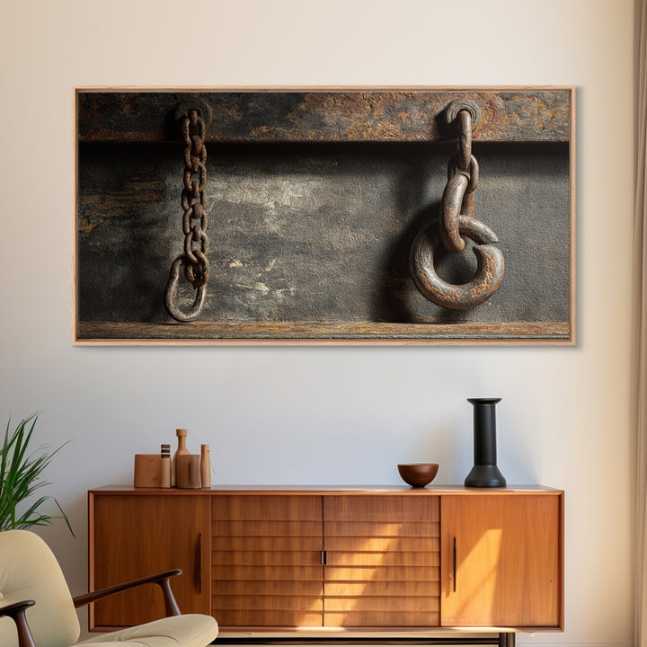 Chain and Hook Still Life Framed Canvas Print, Industrial Art, Abstract Painting, Living Room Decor, Fine Art, Foundry, IND-2x1-84