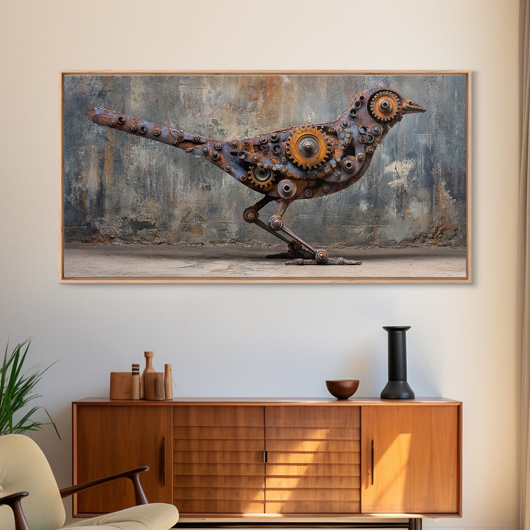 Mechanical Bird Made from Gears Framed Canvas Print, Industrial Art, Contemporary Art, Living Room Decor, Fine Art, Foundry, IND-2x1-87