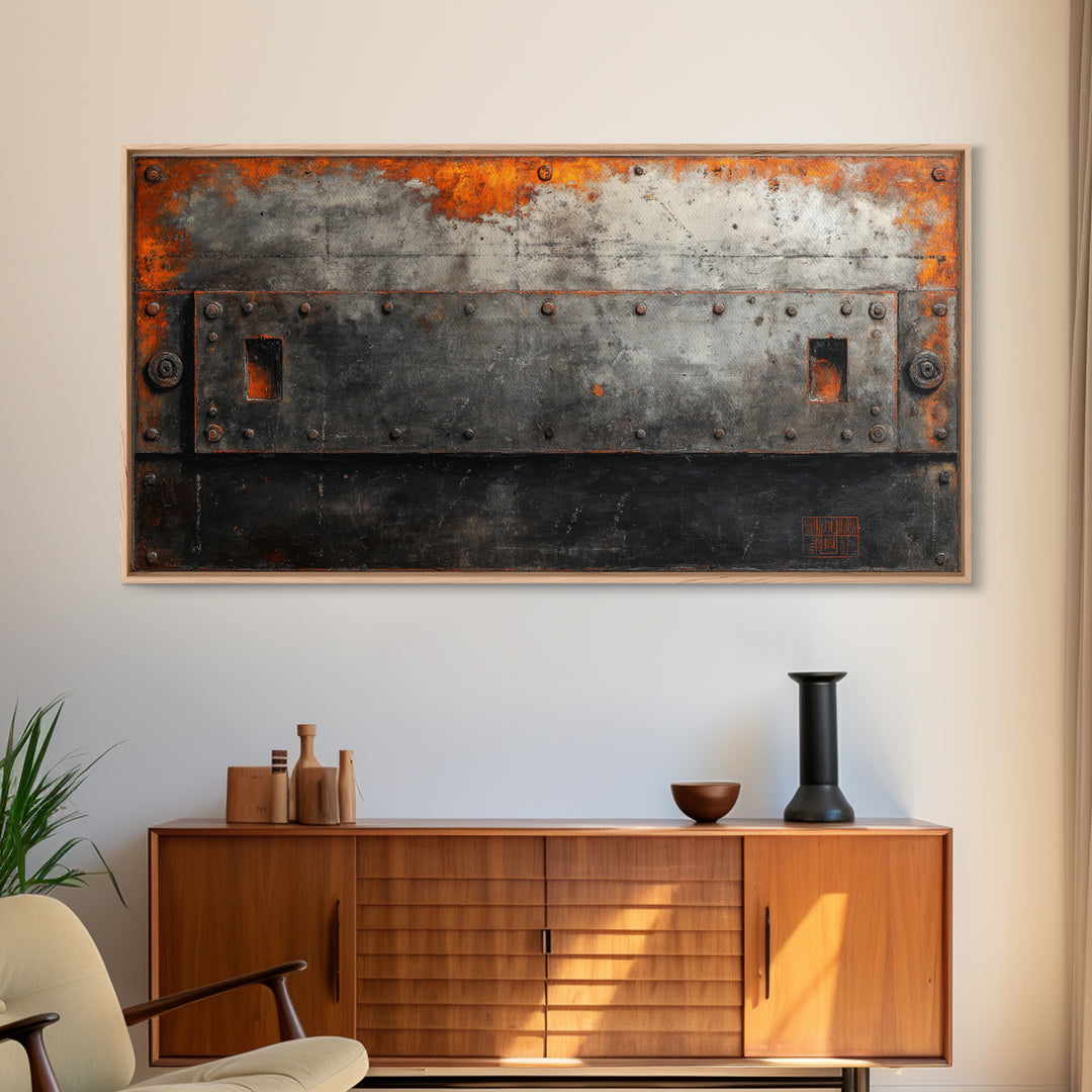 Riveted Metal Panel Texture Study Framed Canvas Print, Industrial Art, Wall Hanging, Living Room Decor, Oil Painting, Foundry, IND-2x1-90