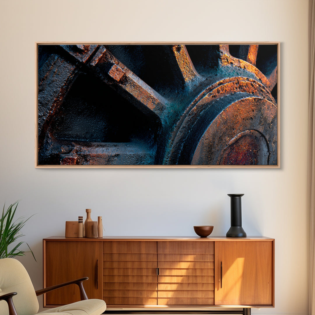 Steam Locomotive Wheel Closeup Canvas Print, Industrial Art, Abstract Art, Living Room Decor, Watercolor Art, Foundry, IND-2x1-98