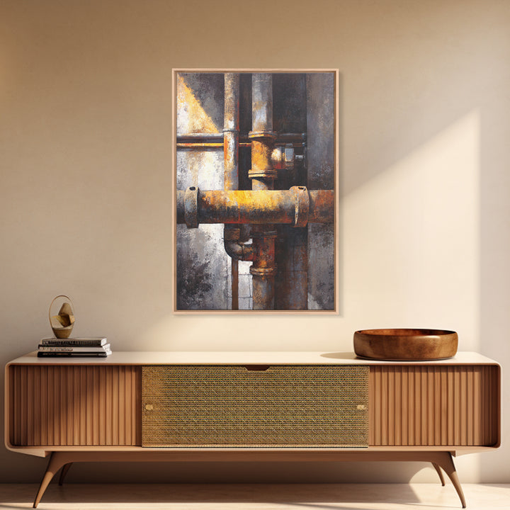 Metal Pipes and Valves as Graphic Composition Canvas Print, Industrial Art, Textured Painting, Living Room Decor, Foundry, IND-2x3-16