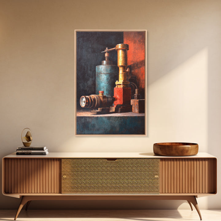 Brass Gauge and Machinery Still Life Framed Canvas Print, Industrial Art, Textured Wall Art, Living Room Decor, Oil Painting, IND-2x3-21