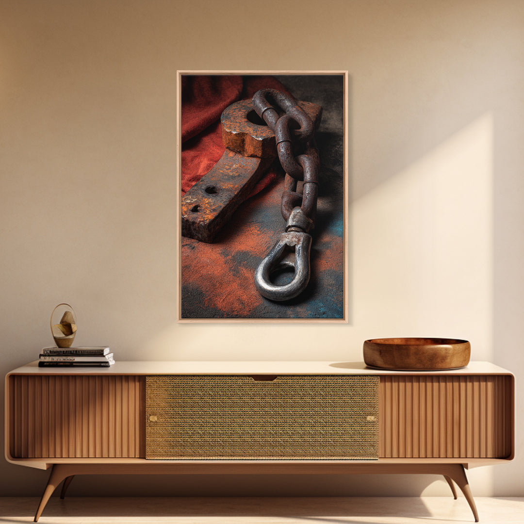 Chain and Hook Still Life Framed Canvas Print, Industrial Art, Minimalist Decor, Living Room Decor, Fine Art, Foundry, IND-2x3-24