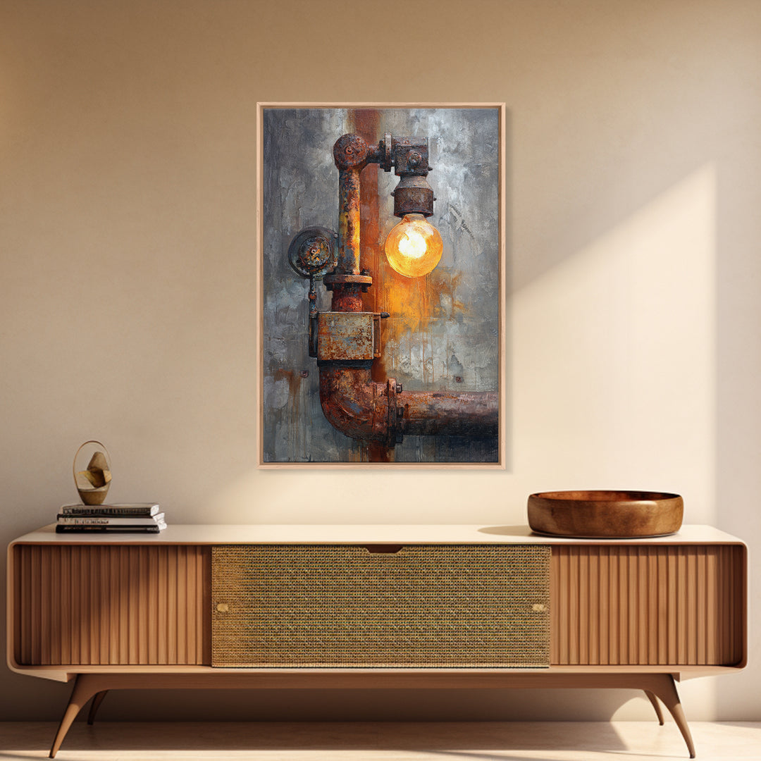 Industrial Lamp with Warm Glow Canvas Print, Industrial Art, Abstract Art, Living Room Decor, Fine Art, Foundry, Bauhaus Poster, IND-2x3-31