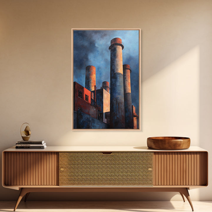 Factory Smokestacks with Moody Sky Framed Canvas Print, Industrial Art, Large Art, Living Room Decor, Fine Art, Foundry, IND-2x3-43