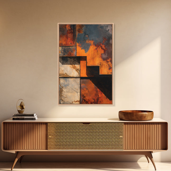Rust Orange and Charcoal Geometric Abstraction Framed Canvas Print, Industrial Art, Art Print, Living Room Decor, Foundry, IND-2x3-46