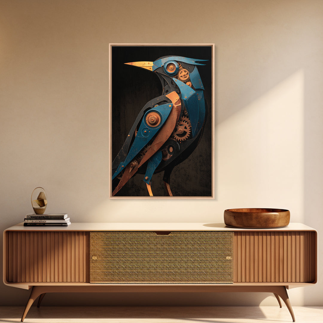 Mechanical Bird Made from Gears Framed Canvas Print, Industrial Art, Metal Art, Living Room Decor, Oil Painting, Foundry, IND-2x3-51