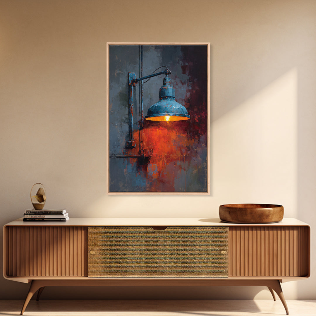 Industrial Lamp with Warm Glow Framed Canvas Print, Industrial Art, Abstract Painting, Living Room Decor, Fine Art, Foundry, IND-2x3-55