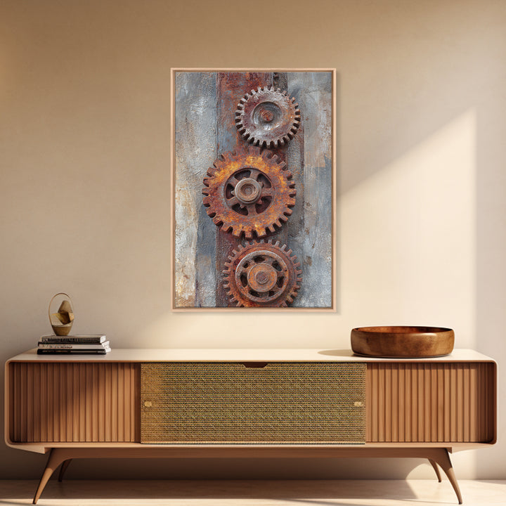Rusted Gears Arranged as Sculptural Still Life Canvas Print, Industrial Art, Black and White Art, Living Room Decor, Foundry, IND-2x3-57