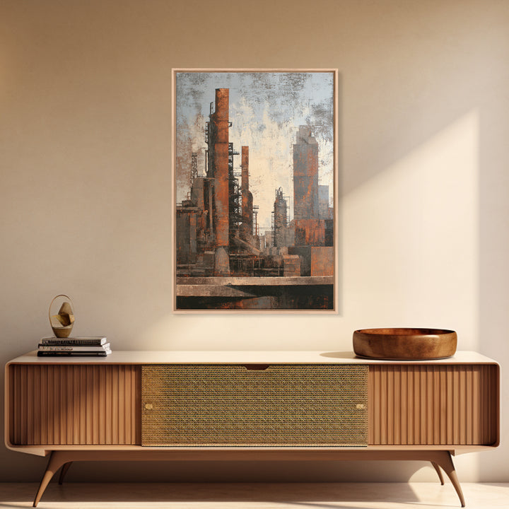 Industrial City Skyline Framed Canvas Print, Industrial Art, Contemporary Art, Living Room Decor, Fine Art, Foundry, IND-2x3-68