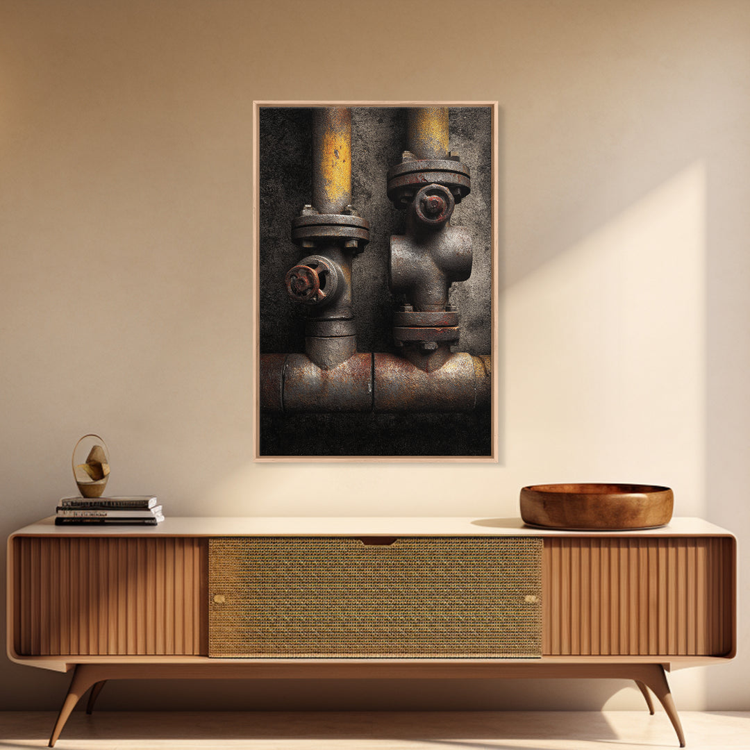 Metal Pipes and Valves as Graphic Composition Framed Canvas Print, Industrial Art, Bauhaus Poster, Living Room Decor, Foundry, IND-2x3-88