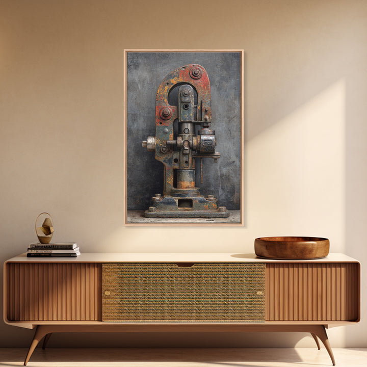 Brass Gauge and Machinery Still Life Framed Canvas Print, Industrial Art, Bauhaus Poster, Living Room Decor, Fine Art, Foundry, IND-2x3-93