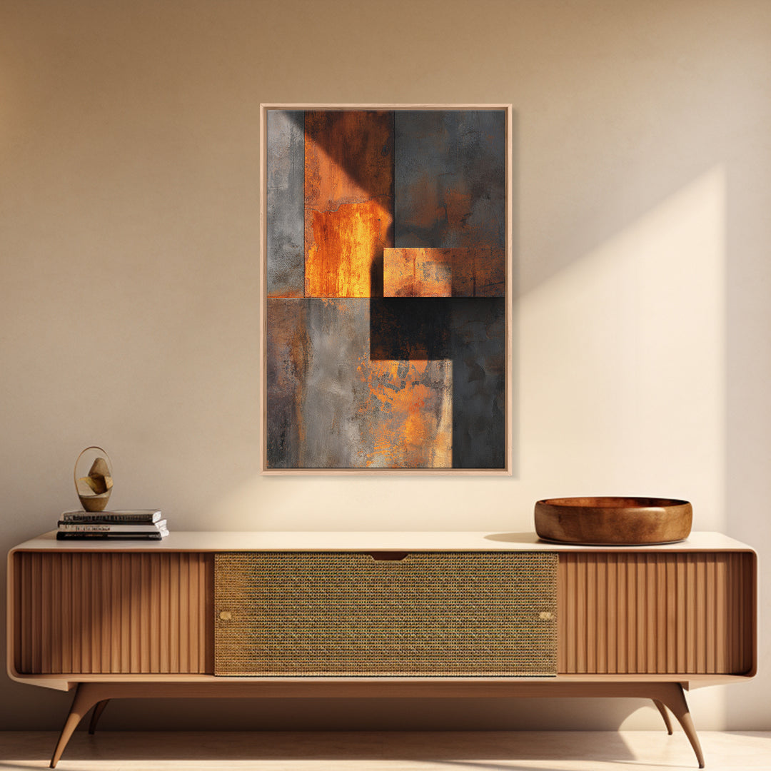 Rust Orange and Charcoal Geometric Abstraction Canvas Print, Industrial Art, Abstract Painting, Living Room Decor, Foundry, IND-2x3-94