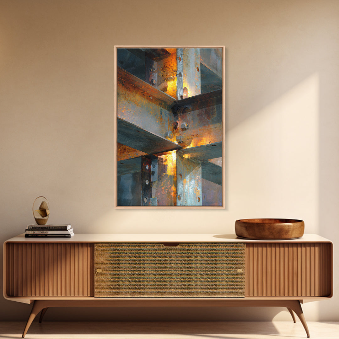 Steel Beams Crossing Like Abstract Lines Framed Canvas Print, Industrial Art, Living Room Decor, Abstract Art, Foundry, IND-2x3-97