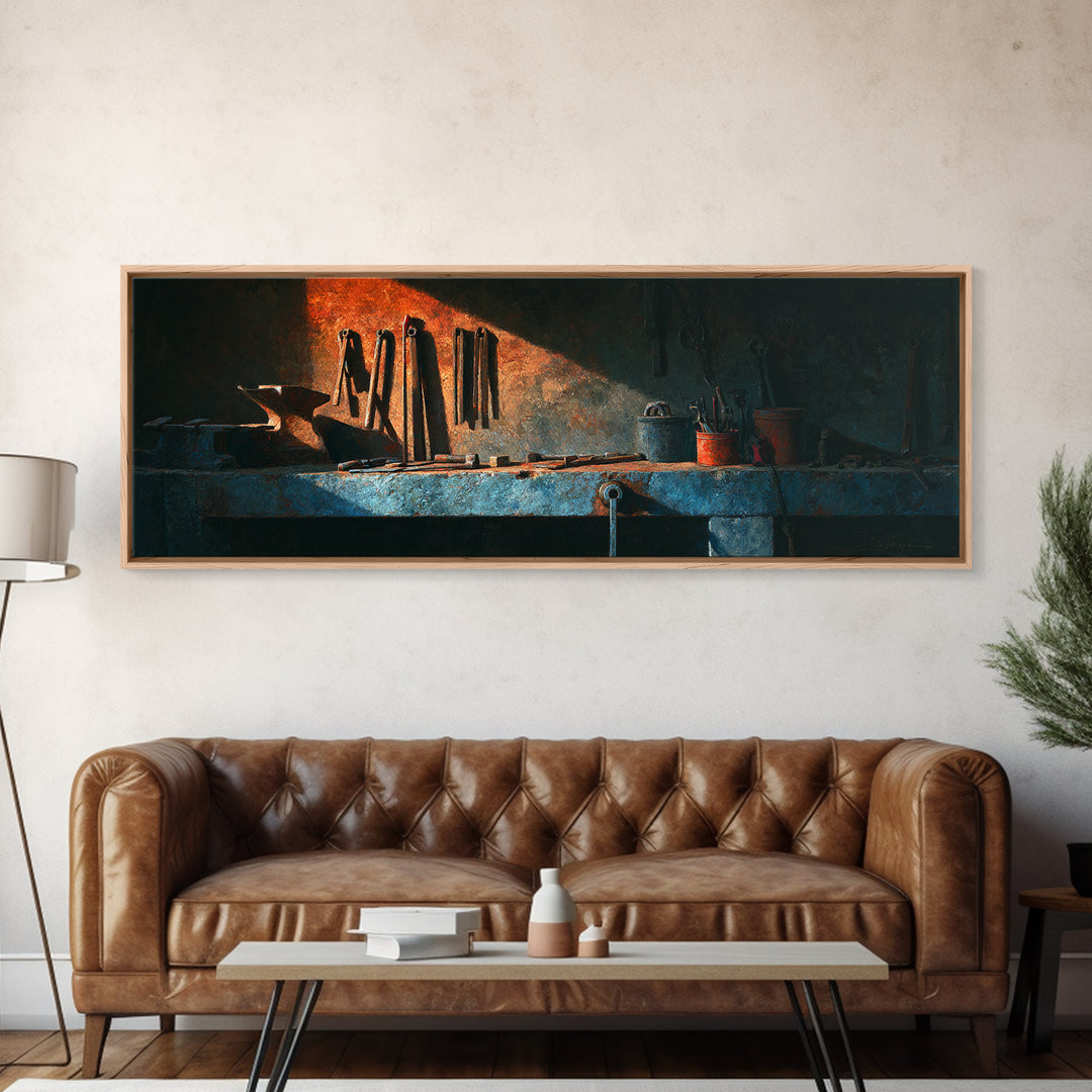 Blacksmith Tools on Dark Workbench Framed Canvas Print, Industrial Art, Textured Wall Art, Living Room Decor, Fine Art, Foundry, IND-3x1-2