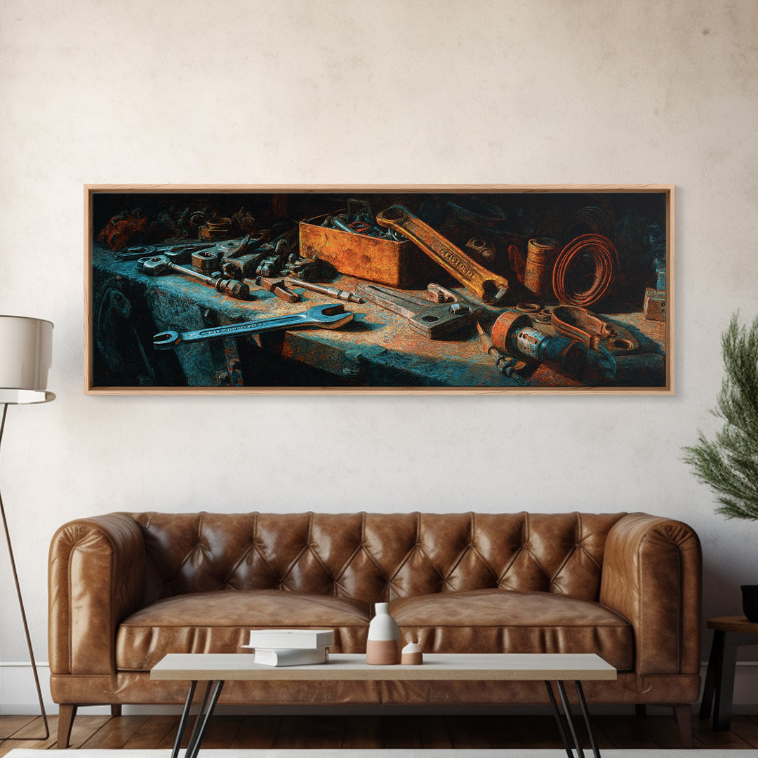 Copper Wire Coil and Tools Composition Canvas Print, Industrial Art, Neutral Decor, Living Room Decor, Fine Art, Foundry, IND-3x1-36