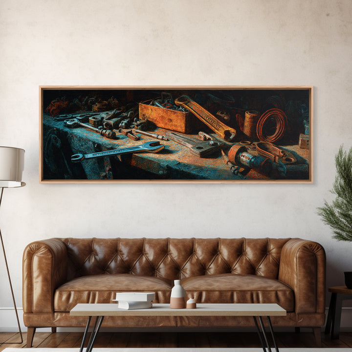 Copper Wire Coil and Tools Composition Canvas Print, Industrial Art, Neutral Decor, Living Room Decor, Fine Art, Foundry, IND-3x1-36