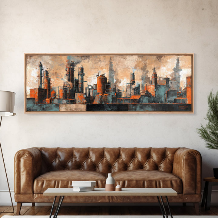 Industrial City Skyline Canvas Print, Industrial Art, Rustic Home Decor, Living Room Decor, Abstract Art, Foundry, IND-3x1-4