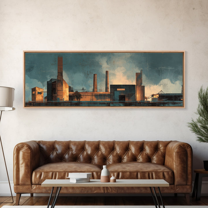 Factory Smokestacks with Moody Sky Framed Canvas Print, Industrial Art, Wall Hanging, Living Room Decor, Fine Art, Foundry, IND-3x1-51