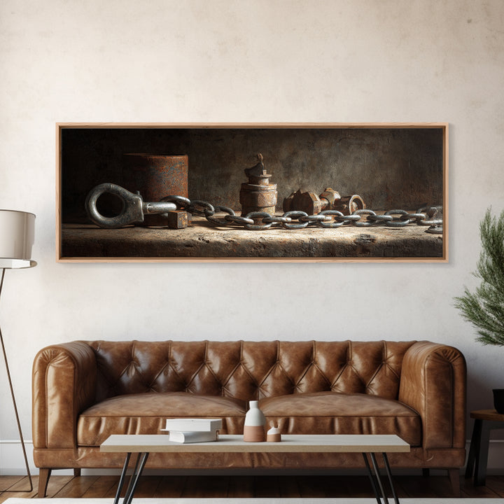 Chain and Hook Still Life Framed Canvas Print, Industrial Art, Wall Art, Living Room Decor, Fine Art, Foundry, Original Art, IND-3x1-56