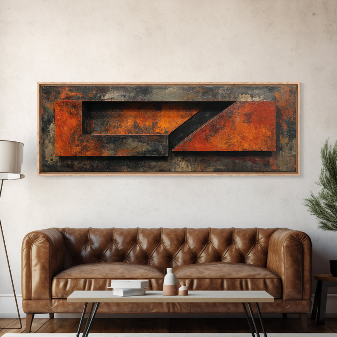 Rust Orange and Charcoal Geometric Abstraction Canvas Print, Industrial Art, Black and White Art, Living Room Decor, Foundry, IND-3x1-6