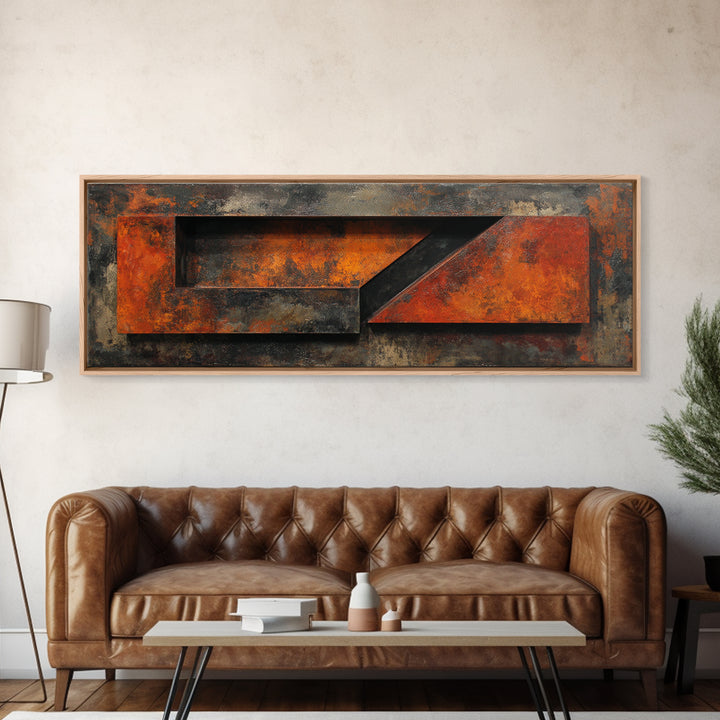 Rust Orange and Charcoal Geometric Abstraction Canvas Print, Industrial Art, Black and White Art, Living Room Decor, Foundry, IND-3x1-6