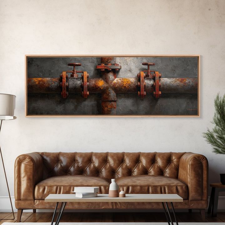 Metal Pipes and Valves as Graphic Composition Framed Canvas Print, Industrial Art, Wall Decor, Living Room Decor, Foundry, IND-3x1-72