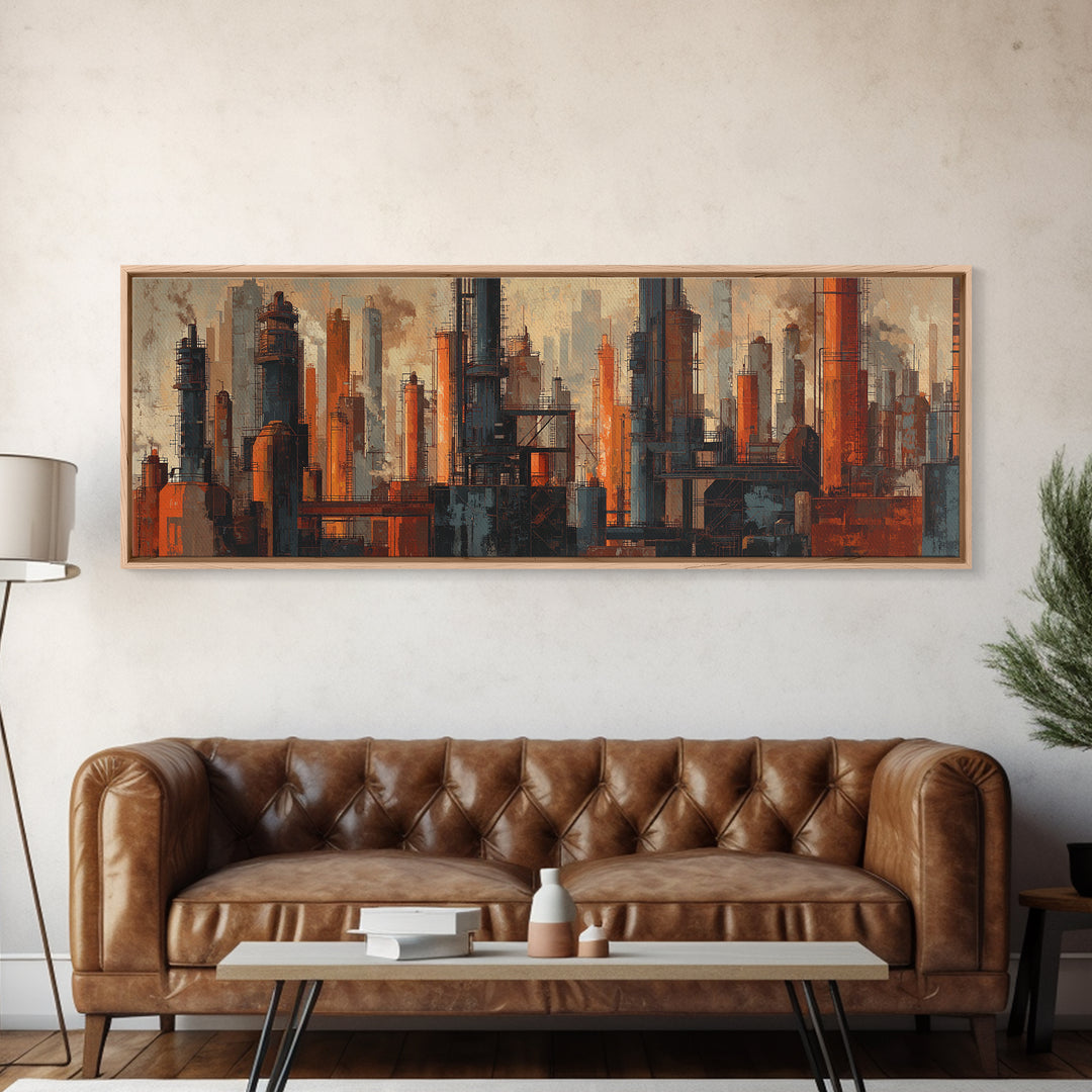 Industrial City Skyline Canvas Print, Industrial Art, Decor, Living Room Decor, Fine Art, Foundry, Black and White Wall Art, IND-3x1-76